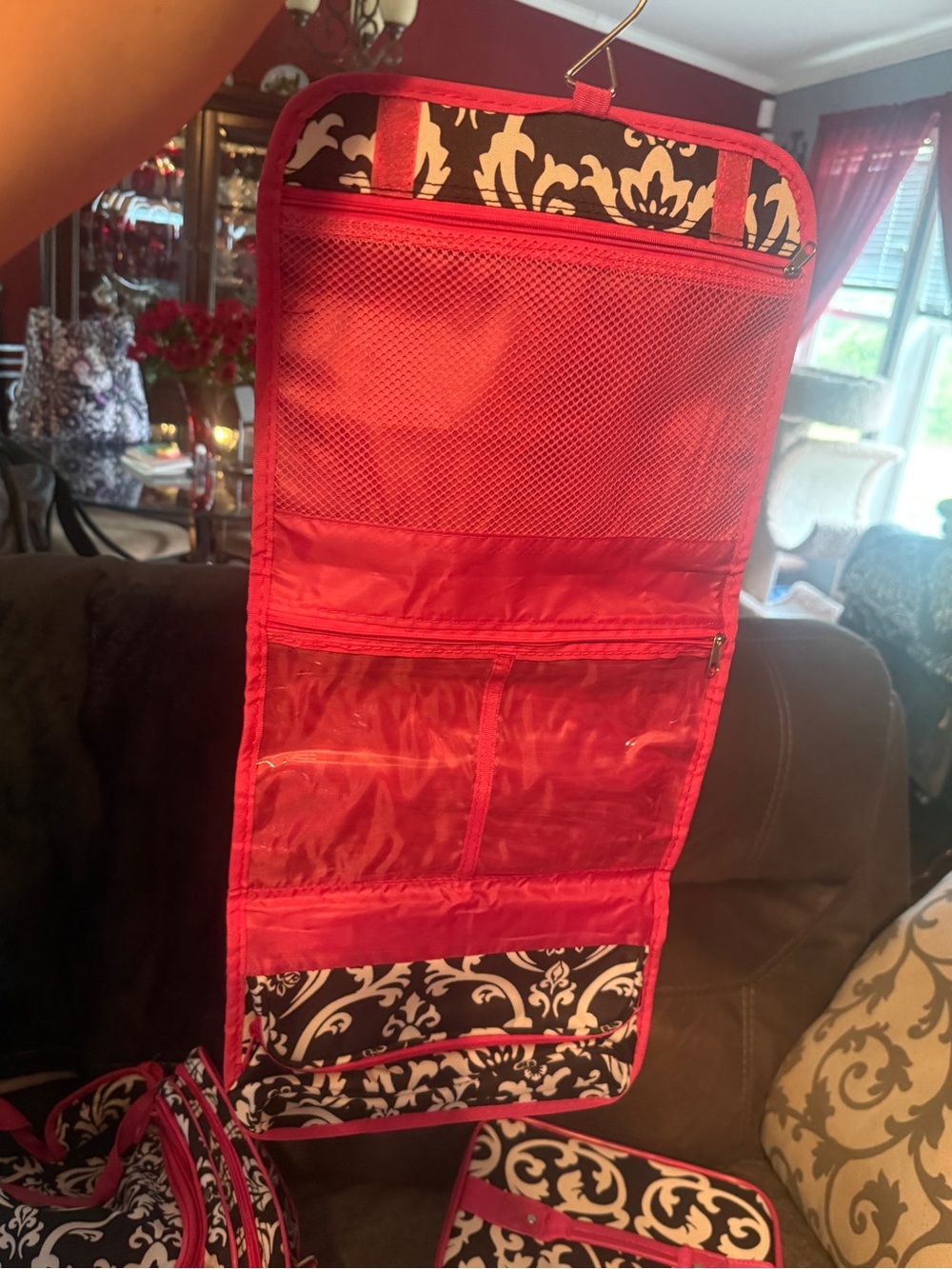 Hanging Travel Organizer Bag - Hot Pink with Black & White Damask